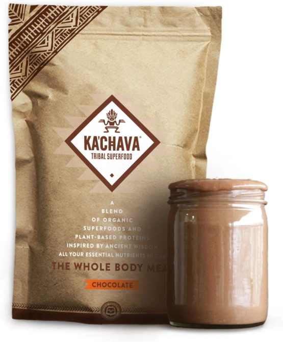 a Ka'Chava packet with a mason jar of powder and water-based meal replacement drink