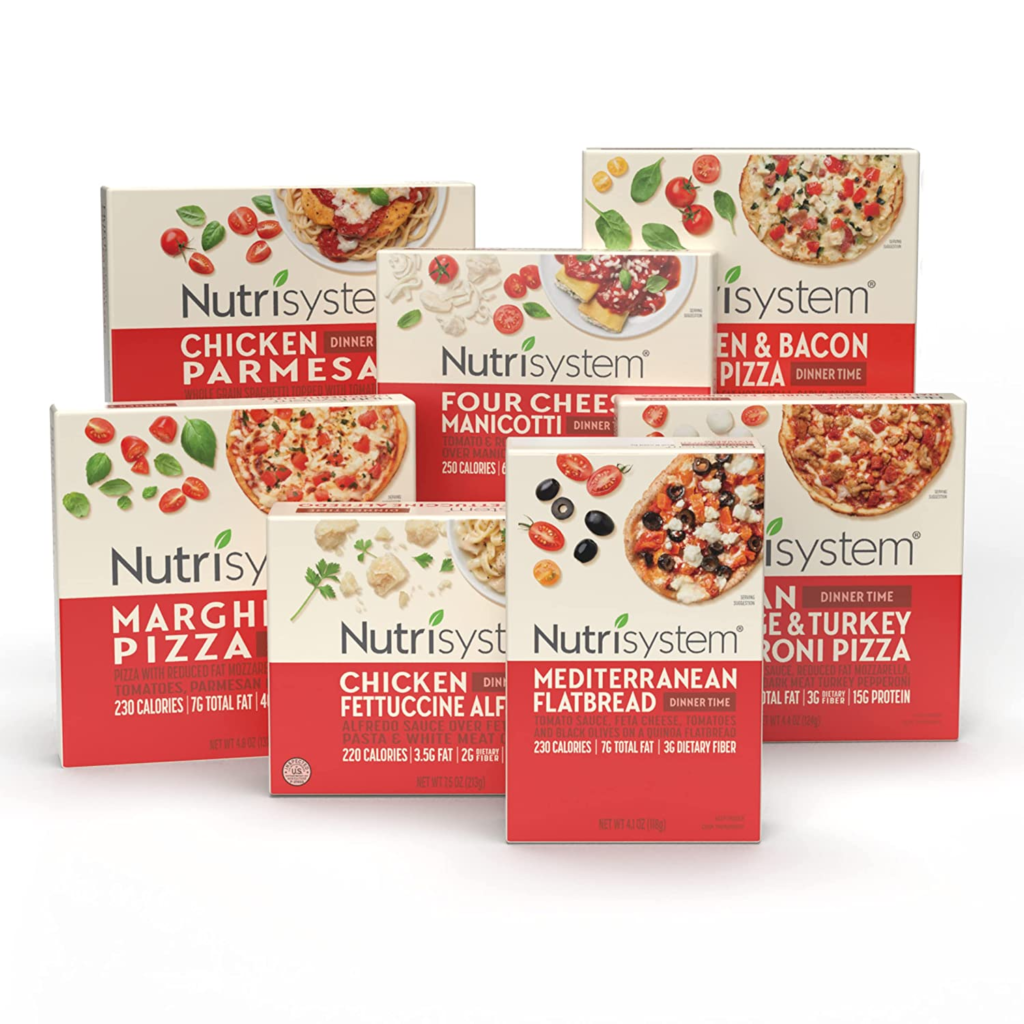 seven meal items for dinner in red and white packaging