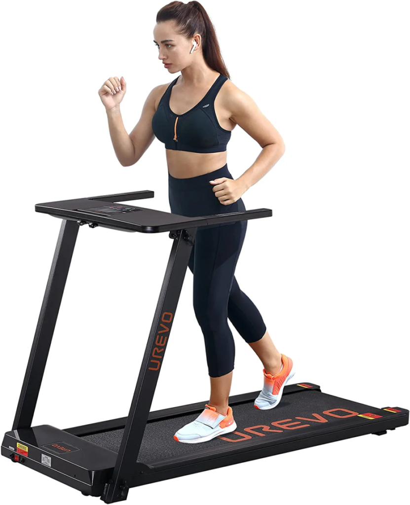 a woman running on a treadmill with a black frame
